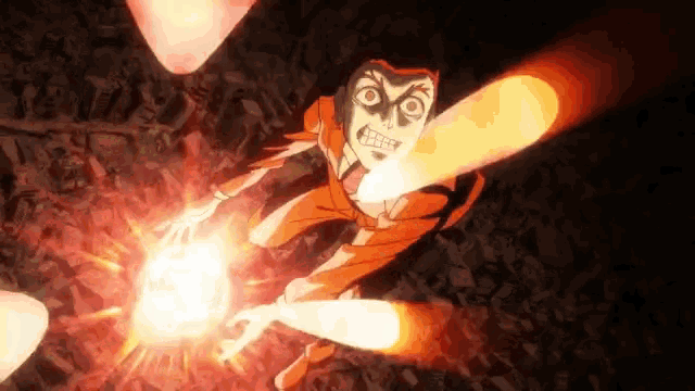 a cartoon of a man with a skull face holding a fireball