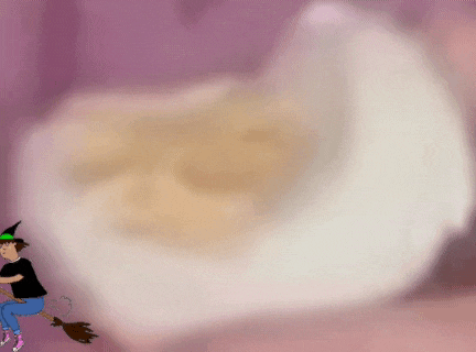 a cartoon of a witch riding a broom on a pink background