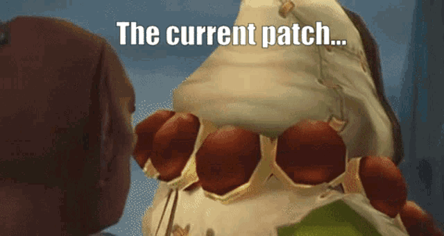 a video game character says " the current patch " while looking at another character