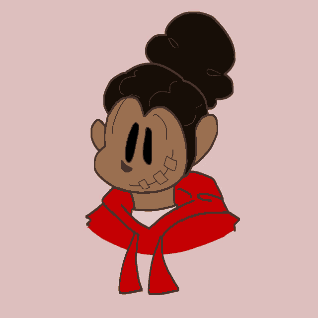 a cartoon drawing of a girl with a bun and a scarf around her neck