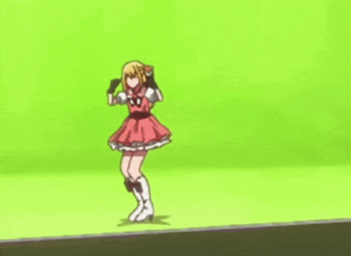 a cartoon girl in a red dress is dancing on a green screen .