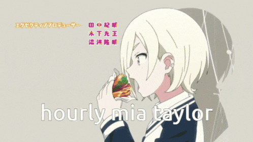 a girl is eating a hamburger and the words hourly mia taylor are visible