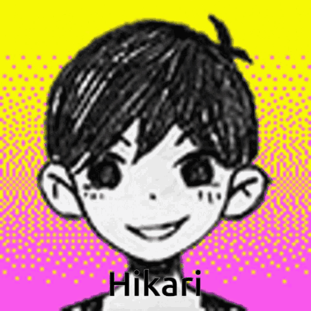 a black and white drawing of a boy with the name hikari written on the bottom .
