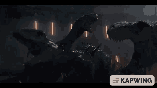 a couple of dinosaurs are standing next to each other with a kapwing logo in the corner
