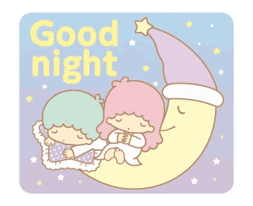 two little twin stars sleeping on a crescent moon with the words good night