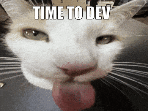 a white cat with its tongue hanging out and the words time to dev written above it