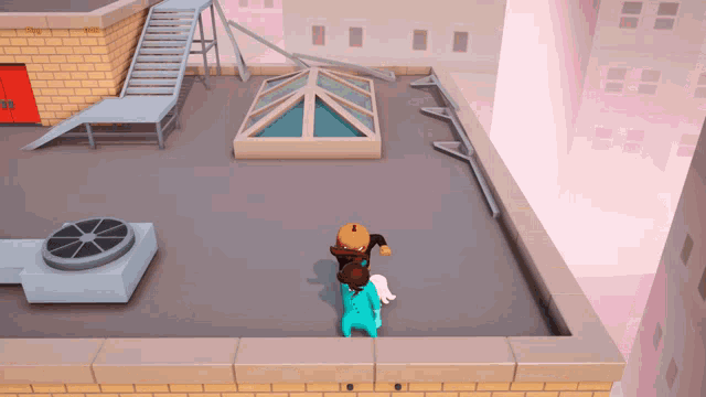 a cartoon character is standing on the roof of a building with a red door that says ' a ' on it