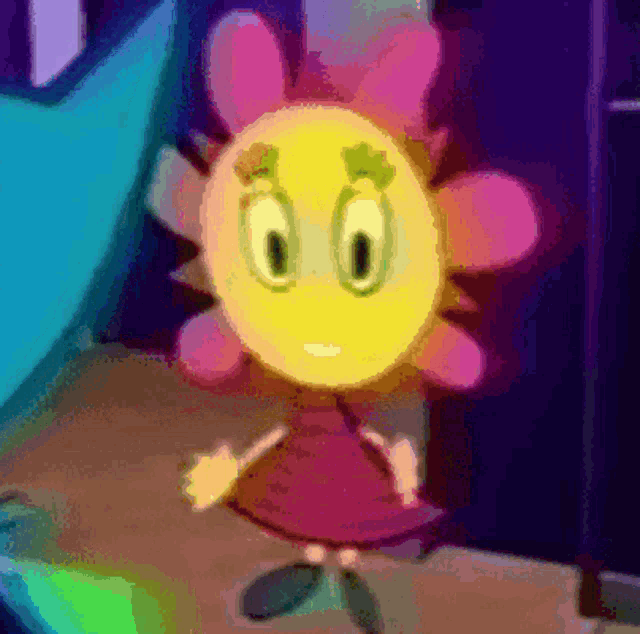 a close up of a cartoon character with big eyes and a pink dress .