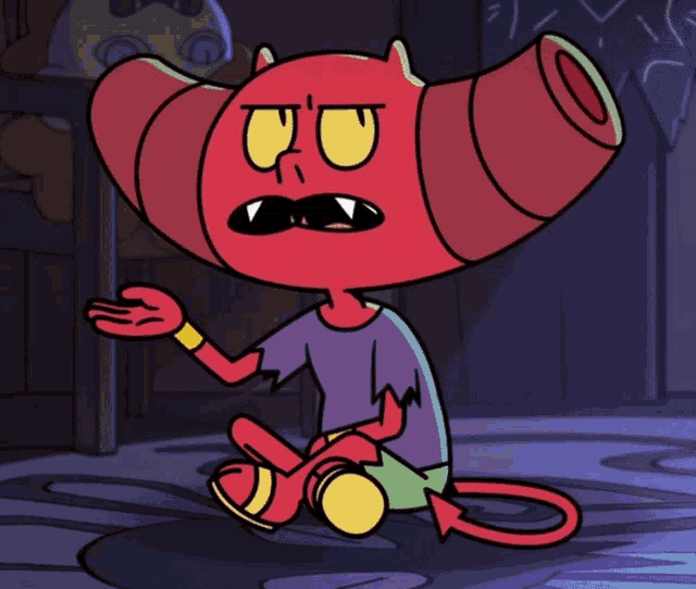 a cartoon character with a horn on his head is sitting on the ground