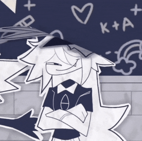 a drawing of a girl with k + a written on the chalkboard behind her