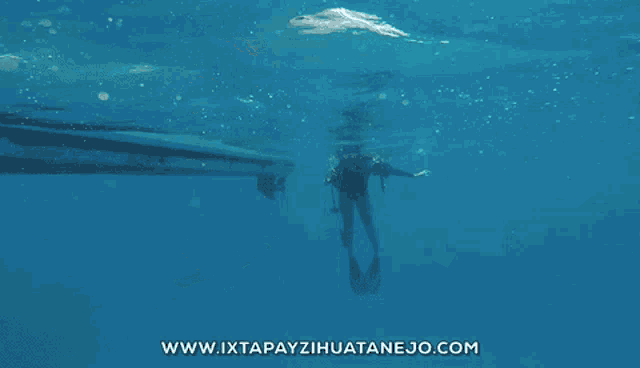 a person is swimming in the ocean with the website www.ixtapayzihuatanejo.com visible