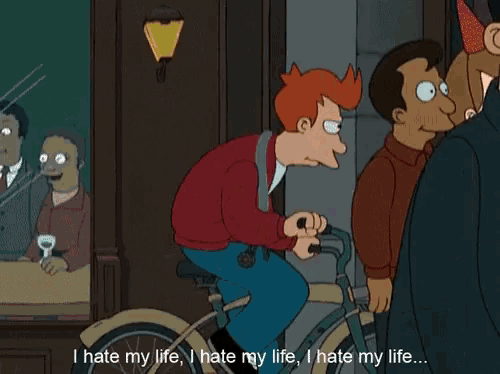 a cartoon of a man saying " i hate my life i hate my life i hate my life "