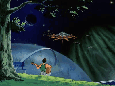 a cartoon of a man playing a guitar in front of a spaceship