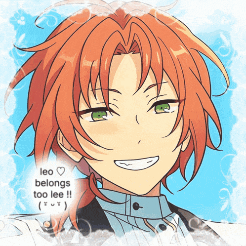 a drawing of a boy with red hair and green eyes with the words leo belongs too lee