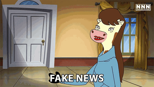 a cartoon of a cow with fake news written on the bottom