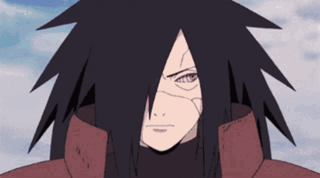a close up of a naruto character with a red jacket