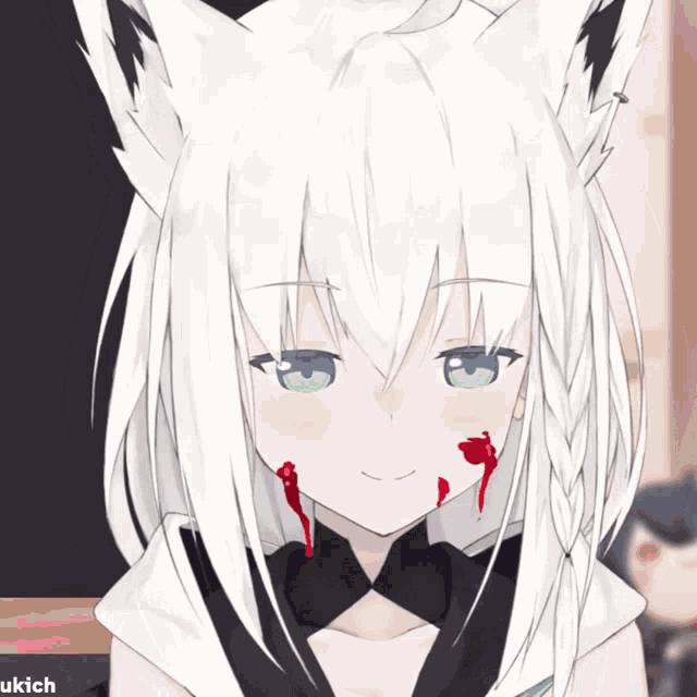 a girl with white hair and green eyes has blood coming out of her nose and mouth