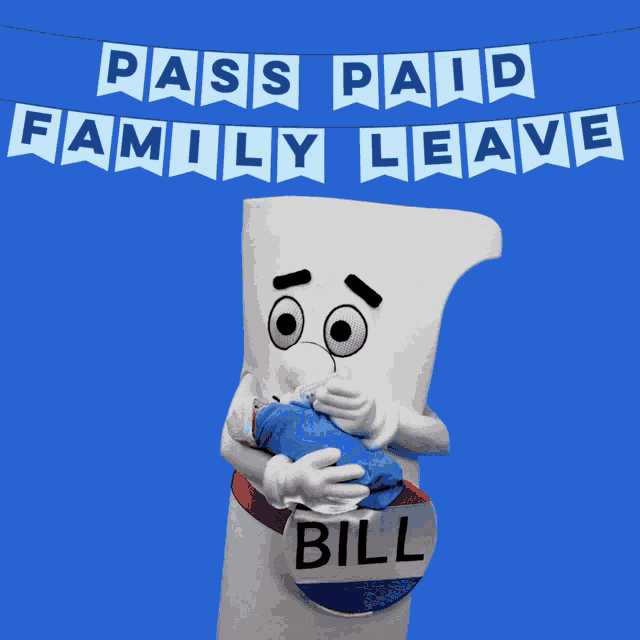 a cartoon character holding a baby with a sign that says pass paid family leave