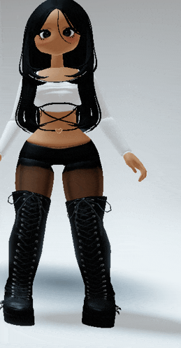 a cartoon girl with long black hair is wearing a white top and black shorts