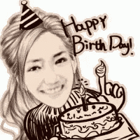 a black and white drawing of a woman holding a birthday cake and wearing a party hat .