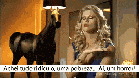 a woman sitting in front of a stuffed horse with the words " achei tudo ridiculo uma pobreza ai um horror " below her