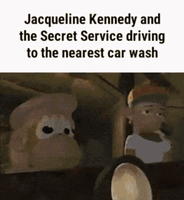 a cartoon of jacqueline kennedy and the secret service driving to the nearest car wash