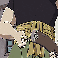 a cartoon of a person holding a sword with a swirl on it