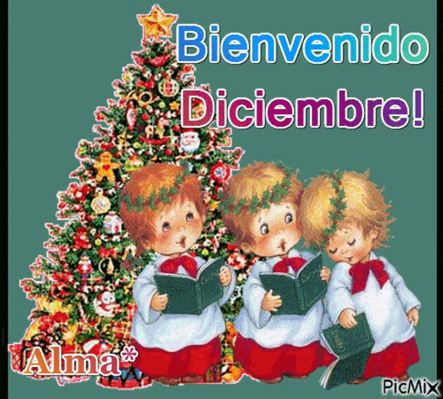 three children singing in front of a christmas tree with the words bienvenido diciembre written above them