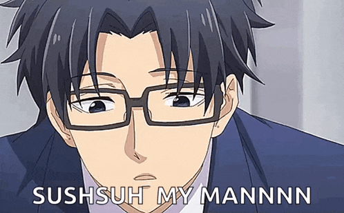 a close up of a man wearing glasses and a suit with the words sushsuh my mannn written on the bottom .