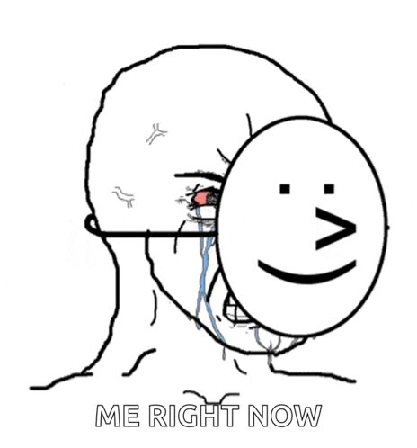 a drawing of a person covering their face with a smiley face and the words `` me right now '' .