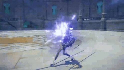 a person is standing in a room with a sword in their hand and a purple light coming out of it .