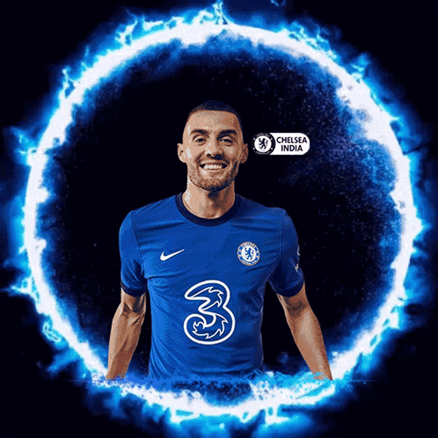 a man wearing a blue shirt with the number 3 on the front