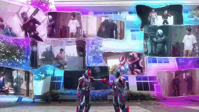 a collage of pictures of a building with two superheros holding hands in front of it