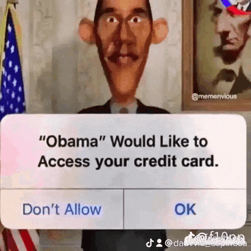 a cartoon of obama holding a sign that says " obama would like to access your credit card . "