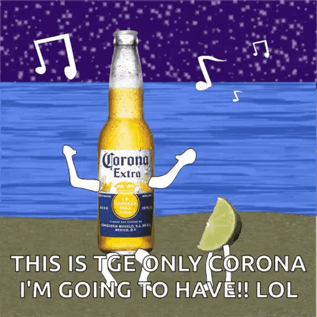a bottle of corona extra beer with arms and legs on the beach