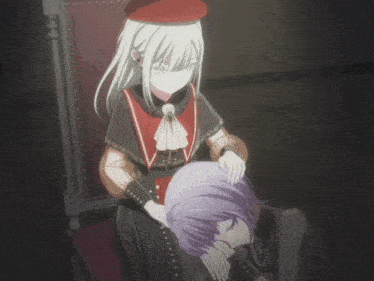 a girl with white hair and a red hat is petting a girl with purple hair