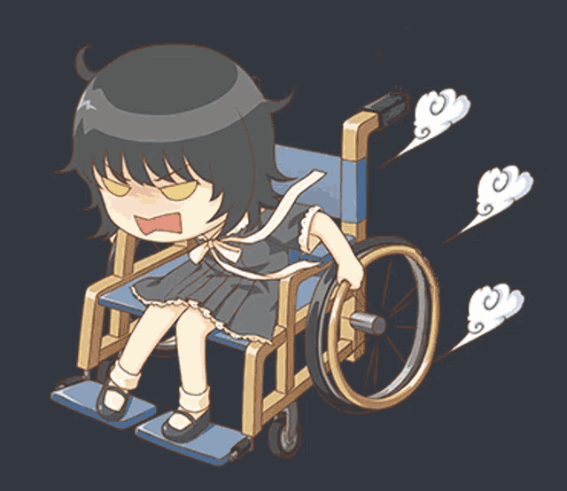 a girl in a wheelchair with smoke coming out of the wheel