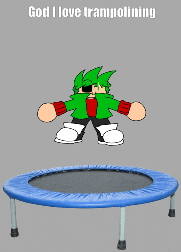 a cartoon character is jumping on a trampoline with the words god i love trampolining above him