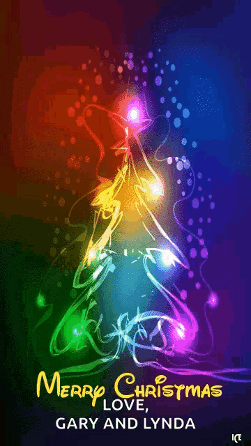 a colorful christmas tree with the words merry christmas love gary and lynda on it