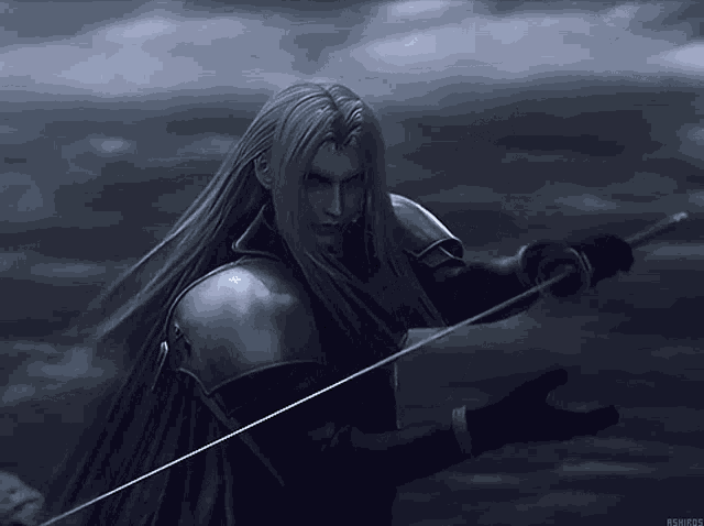 a man with long hair is holding a sword in a dark room