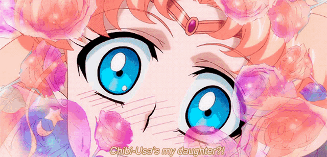 a close up of a girl 's face with the words chibi usa 's my daughter written below it