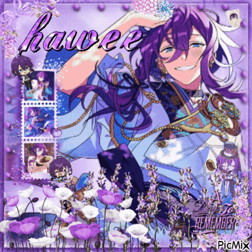 a picture of a boy with purple hair is surrounded by purple flowers