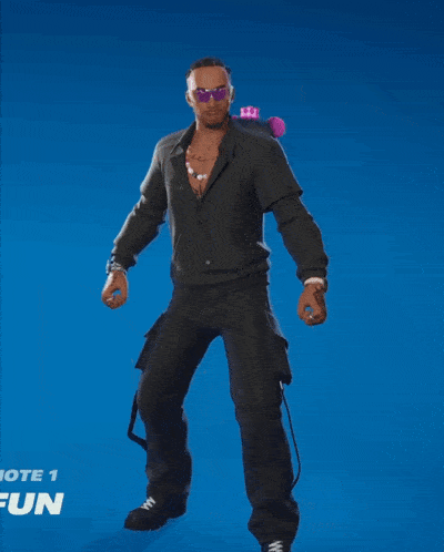 a man in a black outfit is standing in front of a blue background that says emote fun