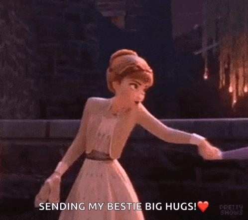 anna and elsa from the movie frozen are hugging each other and sending their bestie big hugs .