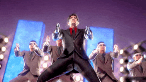a man in a suit is surrounded by other men in suits