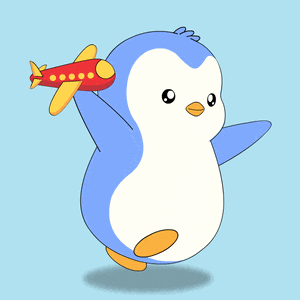 a cartoon penguin is holding a red toy airplane