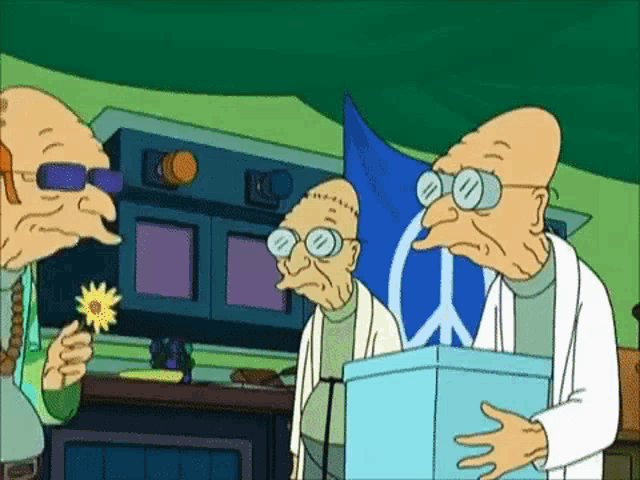 a cartoon character is holding a flower and a box with a peace sign on it