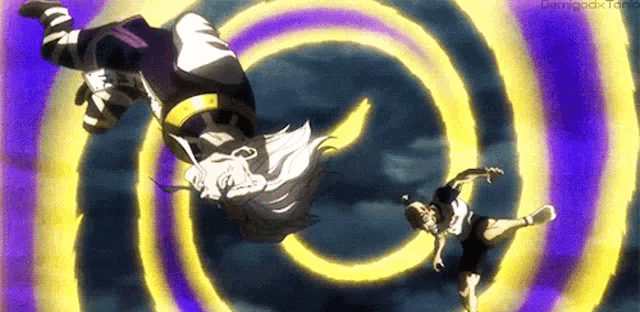 a purple and yellow swirl is surrounding two people