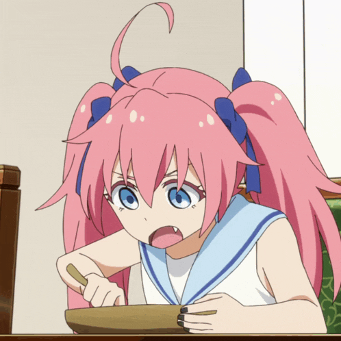 a girl with pink hair is holding a spoon