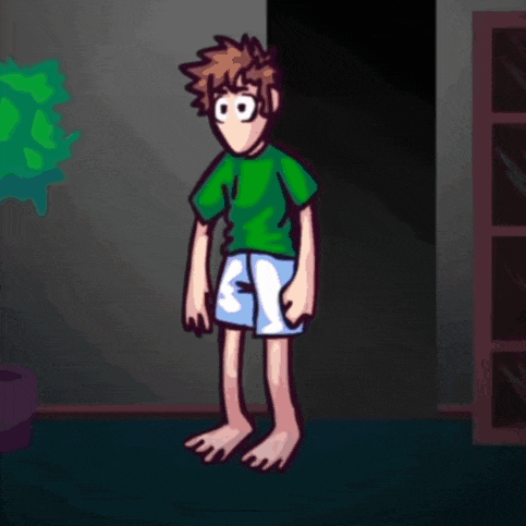 a cartoon of a boy in a green shirt and blue shorts